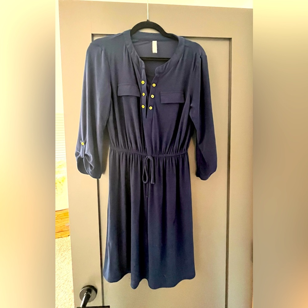 Blue navy dress , gold buttons, elastic waist band